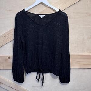 LC Lauren Conrad Womens Large Knit Puff Sleeve Black Silver Shimm Cinch Waist